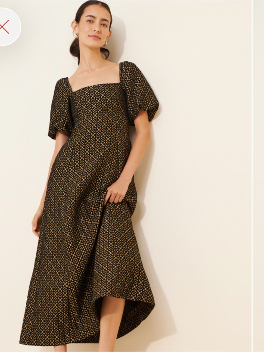 Hill House jacquard Black and Gold Puff Sleeve Midi Dress
